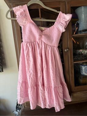 Smocked Pink Ruffle-Sleeve Mini Dress